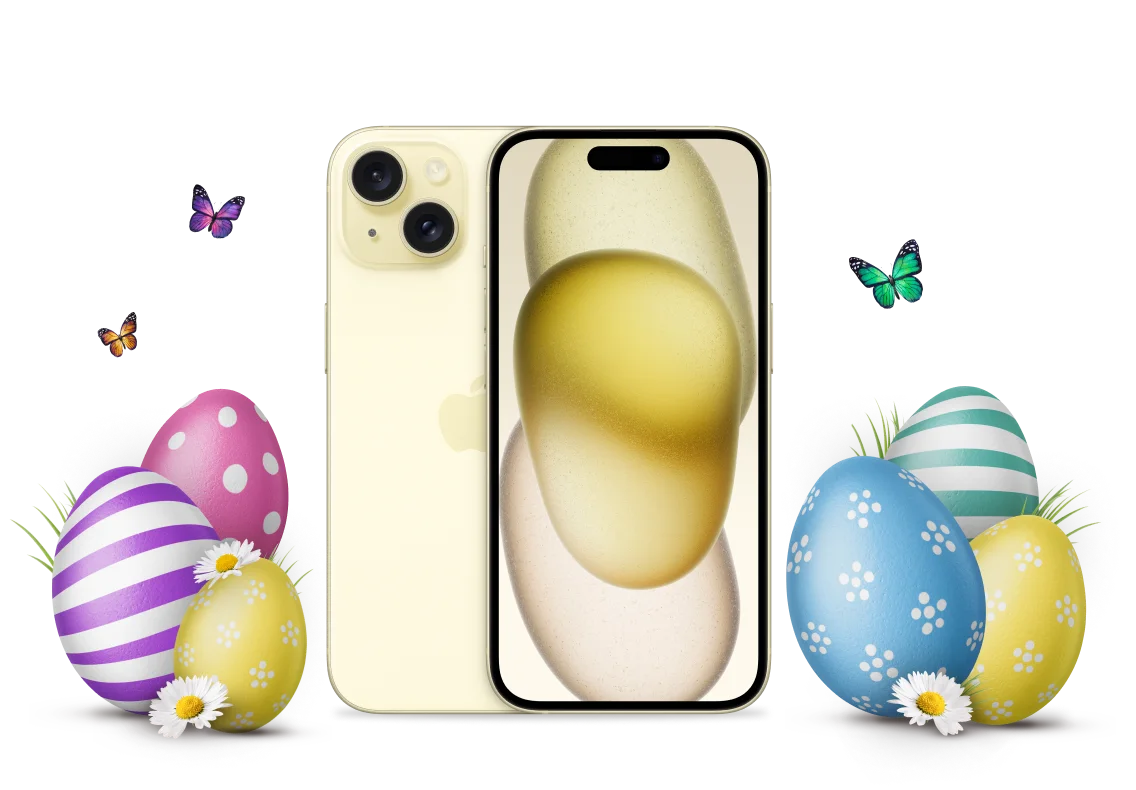 Vibrant Easter eggs surround an iPhone 15 in yellow, with delicate butterflies fluttering gracefully in the background.