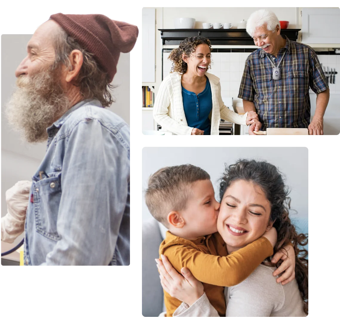 An image collage: a bearded man wearing a toque; a female medical professional and older man sharing a smile; a woman hugging a child