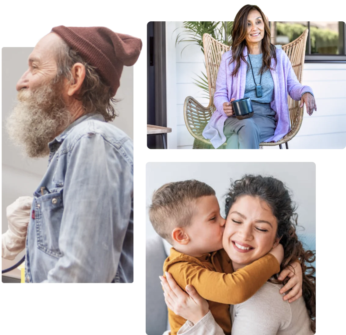 An image collage: a bearded man wearing a toque; a smiling woman sitting on the front porch of a house with a mug; a woman hugging a child