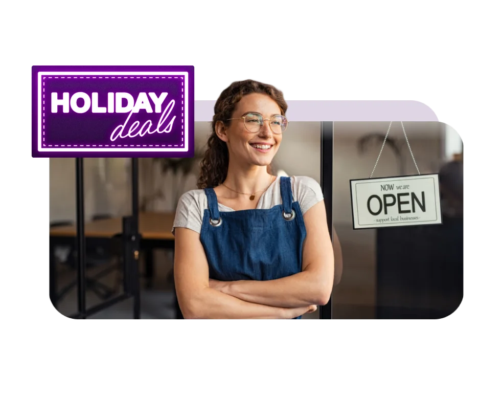 A purple sticker that says ‘Holiday deals’ next to a woman in front of a store with a sign that says ‘Now we are open - support local businesses.’