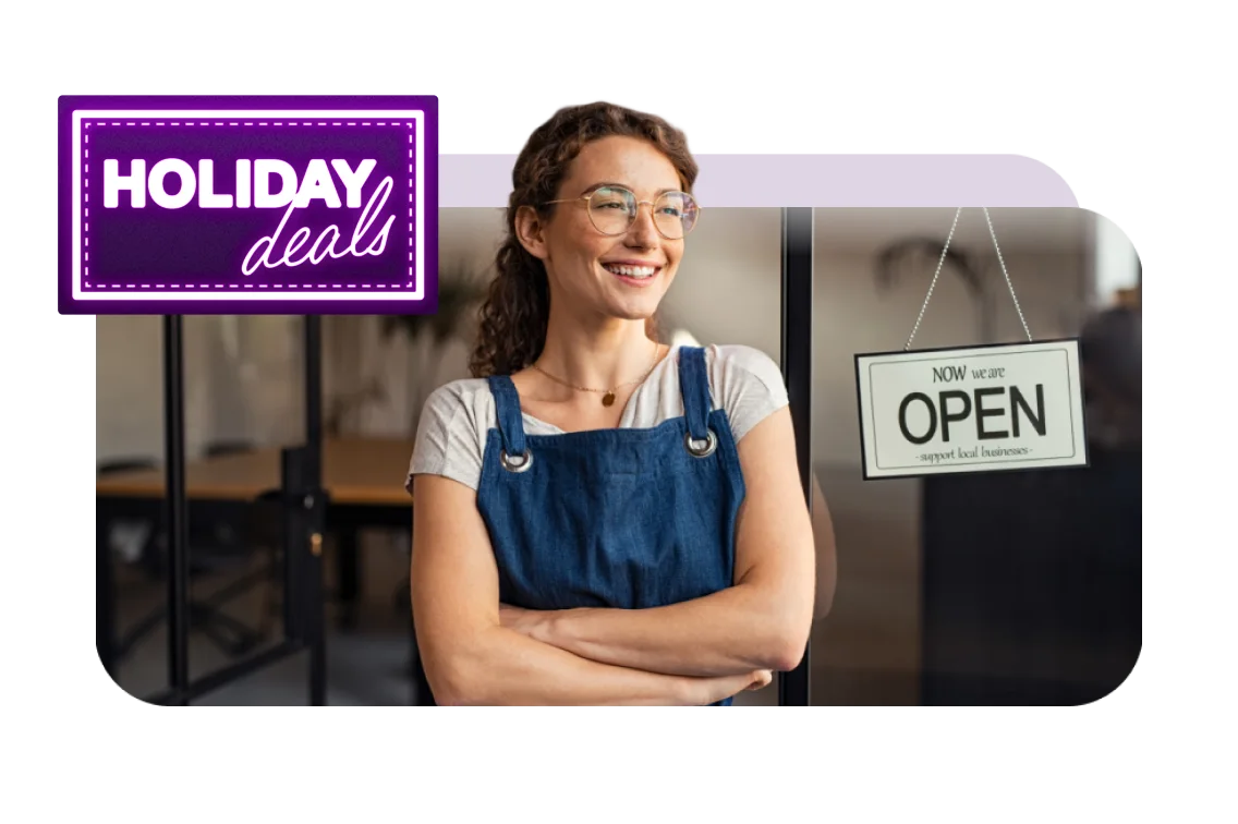 A purple sticker that says ‘Holiday deals’ next to a woman in front of a store with a sign that says ‘Now we are open - support local businesses.’