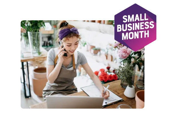 Co-owner holding a tablet. A roundel reads "Small Business Month".