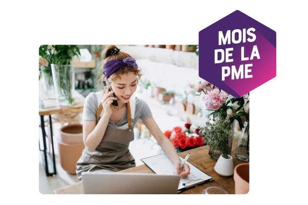 Cofondateur avec une tablette en main. Une cocarde indique « Mois de la PME ».