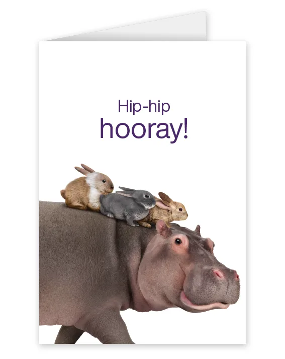 A card featuring a hippo with three bunnies on its back that says: Hip-hip hooray!