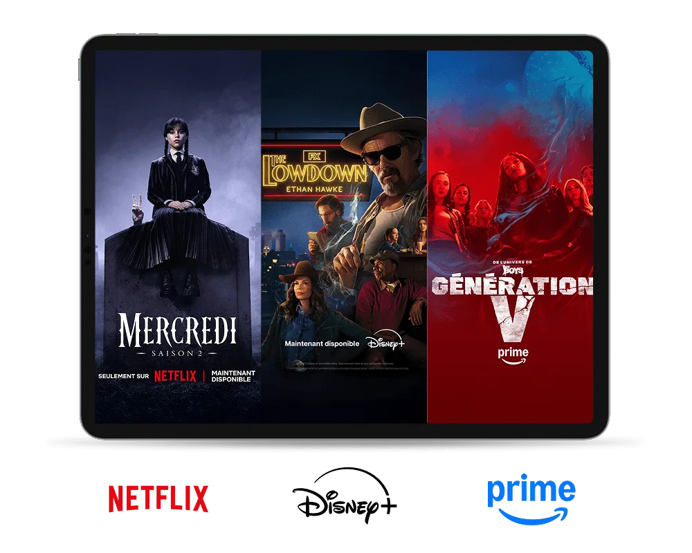 TELUS EnContinu+ affiches pour « Mercredi » sur Netflix, « Lowdown » sur Disney+, « Génération V » sur Amazon Prime.