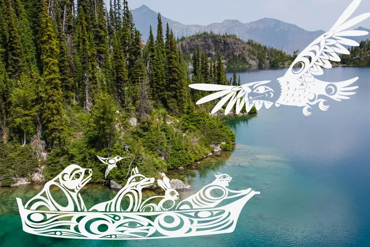 Indigenous artwork of a canoe with animals in it and an eagle, overlaid above a landscape photo of water and mountains. 