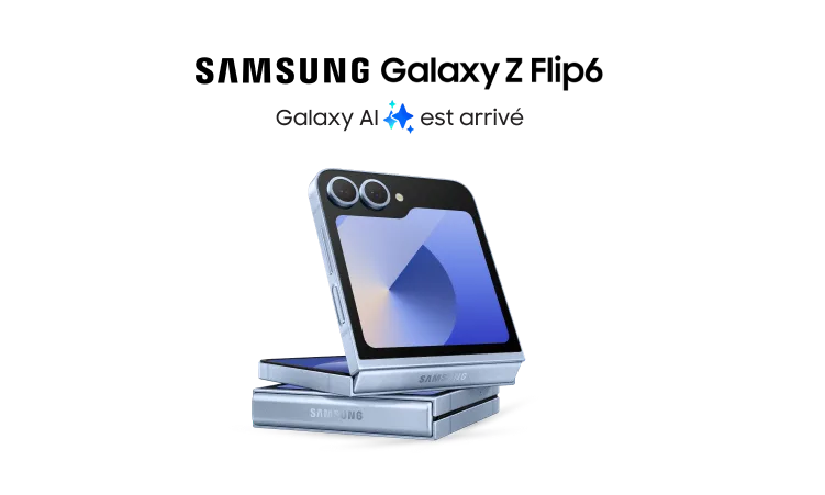 Une vue pliée du Samsung Galaxy Flip6 en bleu avec les mots "Galaxy AI est arrivé".