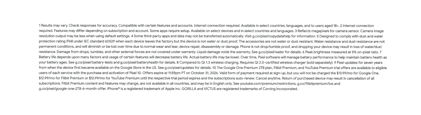 Google Pixel 10 Pro feature terms and conditions.