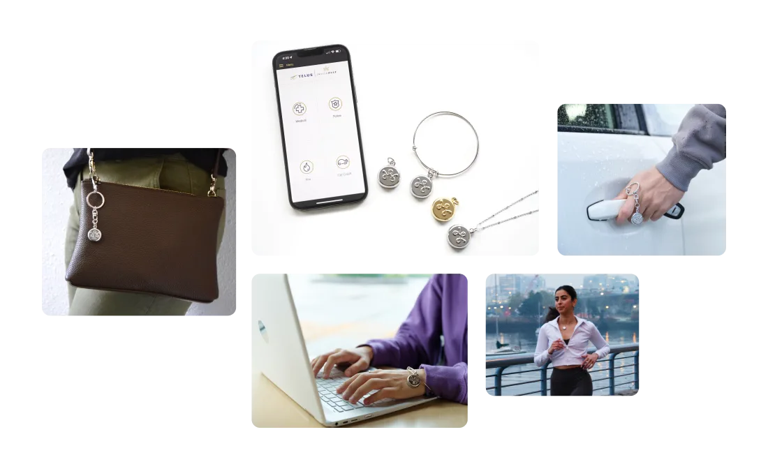 We see a collage of SmartWear Security safety devices, charms, bracelets, keychains, and necklaces on people studying and out running.