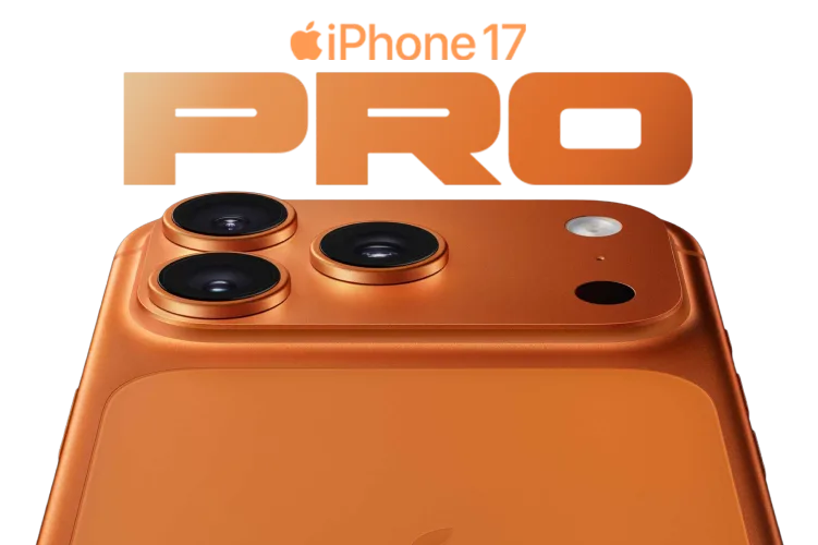 iPhone 17 Pro in Cosmic Orange featuring a triple-camera system. The text 'iPhone 17 PRO' is displayed prominently above the device.