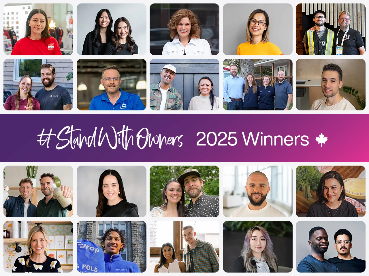 A collage with the most recent winners of the #StandWithOwners contest.