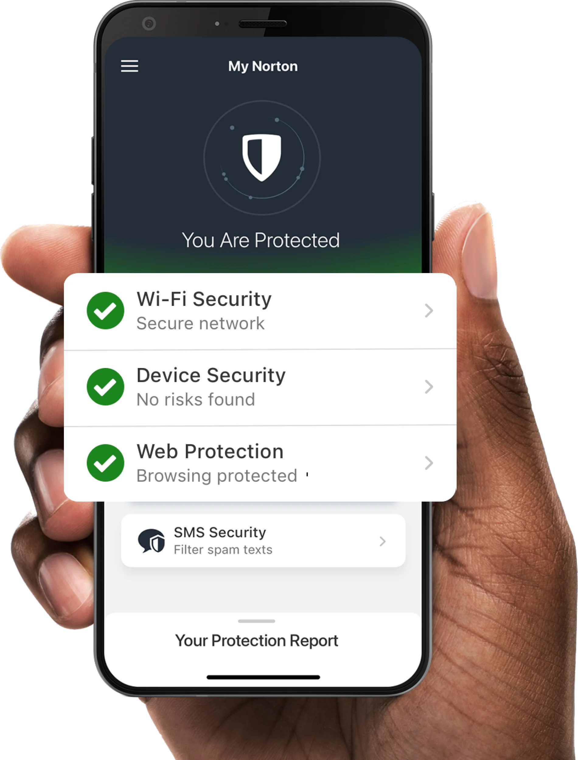 A phone with the My Norton app screen displaying a secured network, secure devices and web protection.