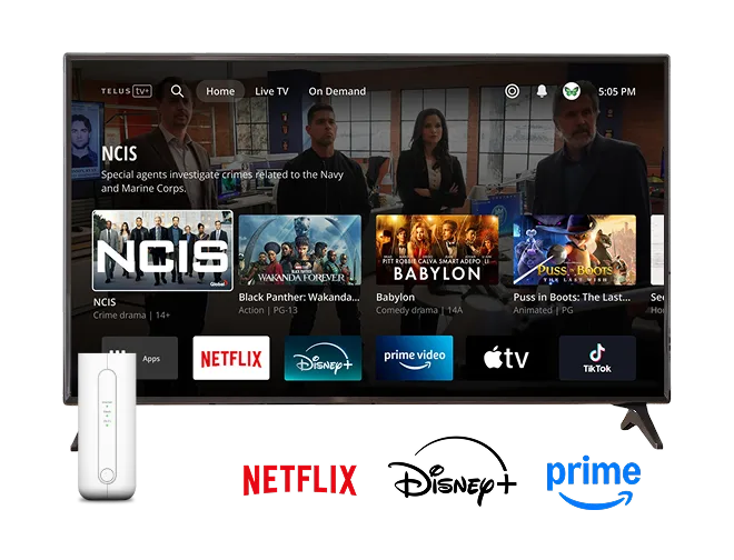 A TV displaying the TELUS TV+ Home screen. Below the TV are the logos of Netflix, Disney+ and Amazon Prime.