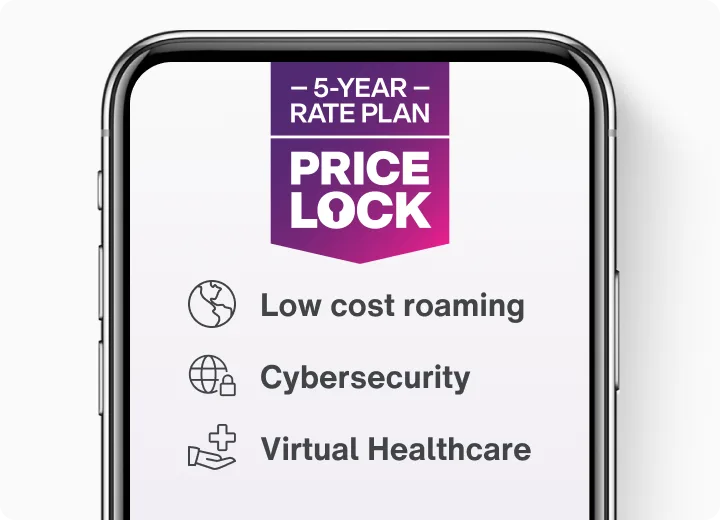 Price Lock badge with benefits: low-cost roaming, cybersecurity, virtual healthcare.
