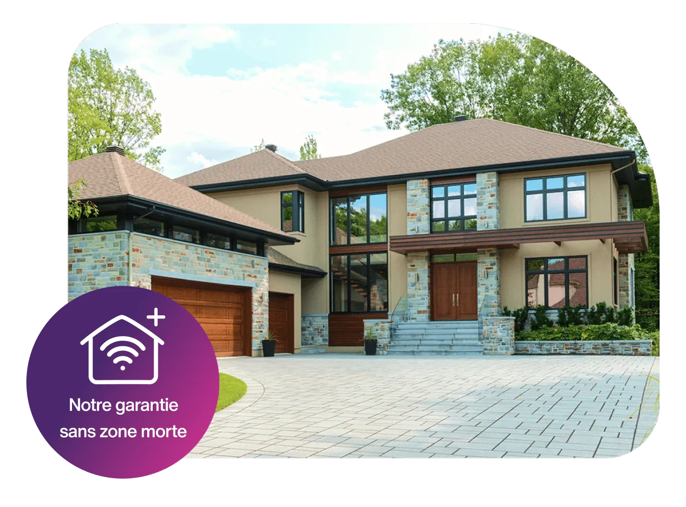 A luxury home that has TELUS Wi-Fi Plus installed. Text reads: Now with our dead spot-free guarantee.