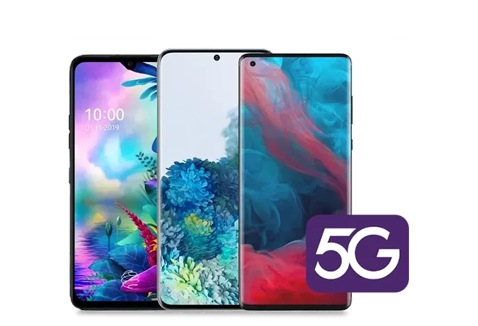 Three different modern smartphones with colorful screen displays are grouped together, with a purple "5G" icon overlapping the bottom right corner.