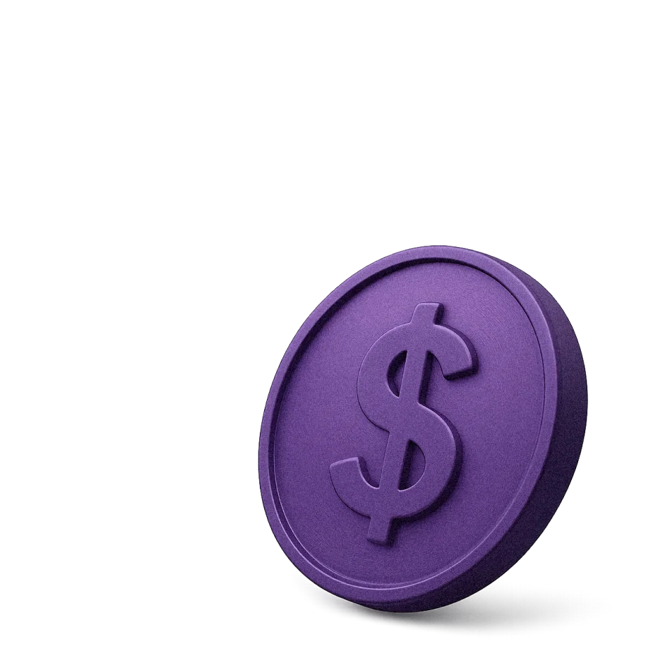 A render of a purple coin with a dollar sign.