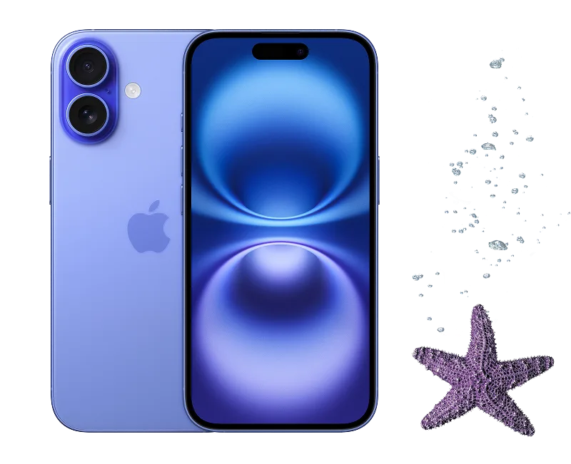 Blue iPhone 16 shown from front and back views with blue screen display, accompanied by purple starfish decoration on light background.