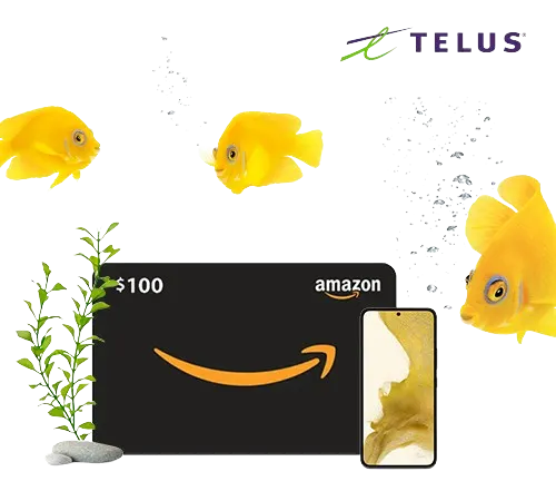 Yellow tropical fish swimming around aquatic plants, with a $100 Amazon gift card and smartphone with the TELUS logo in the upper right.