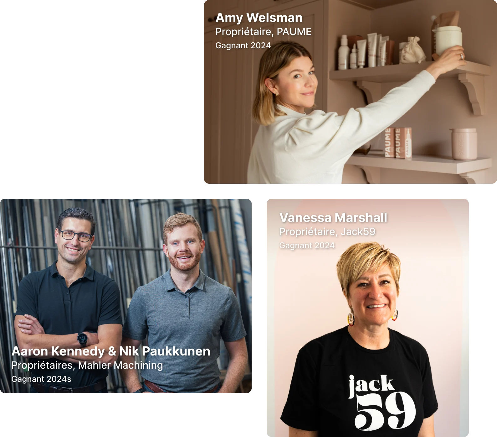Portraits de trois lauréats 2024 : Amy Welsman, propriétaire de PAUME, Vanessa Marshall, propriétaire de Jack59, et Aaron Kennedy et Nik Paukkunen, copropriétaires de Mahler Machining