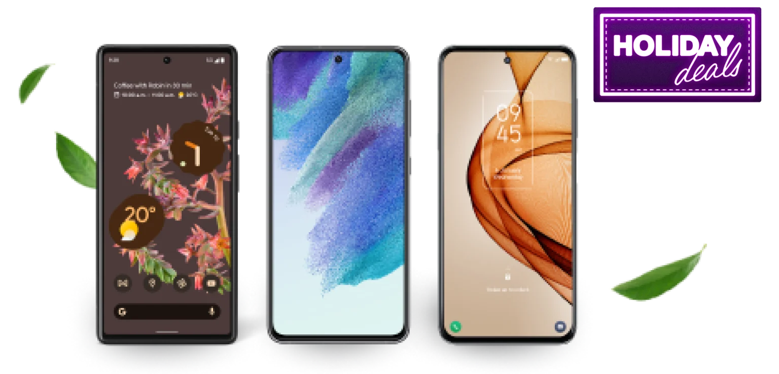 Three smartphones displayed beside each other with falling leaves behind them. A round neon logo to the upper right of them reads, “Holiday deals”.