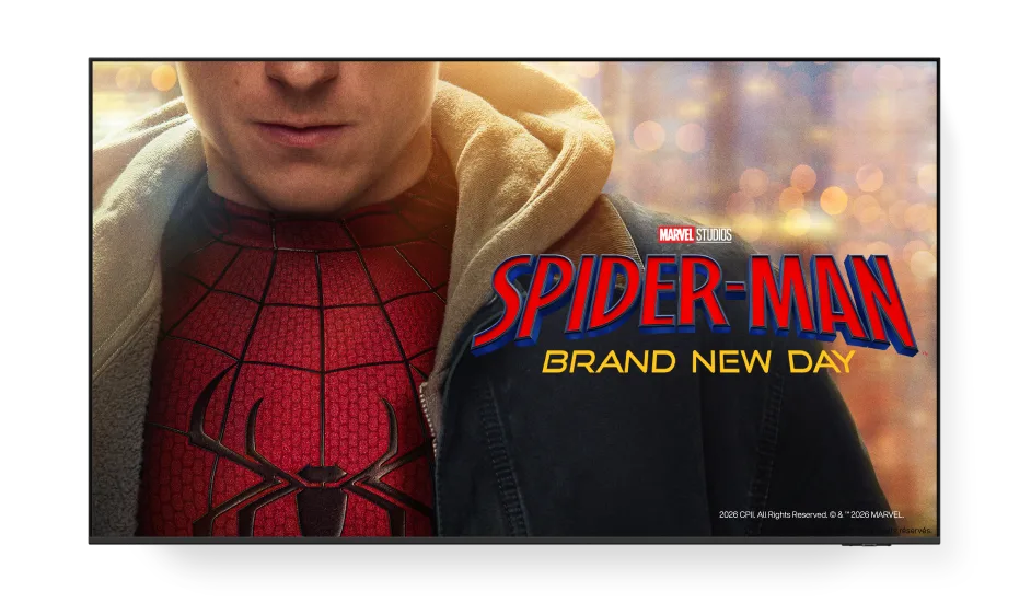 A TV screen displaying a Spider-Man suit under a jacket next to the title Marvel Studios Spider-Man Brand New Day.