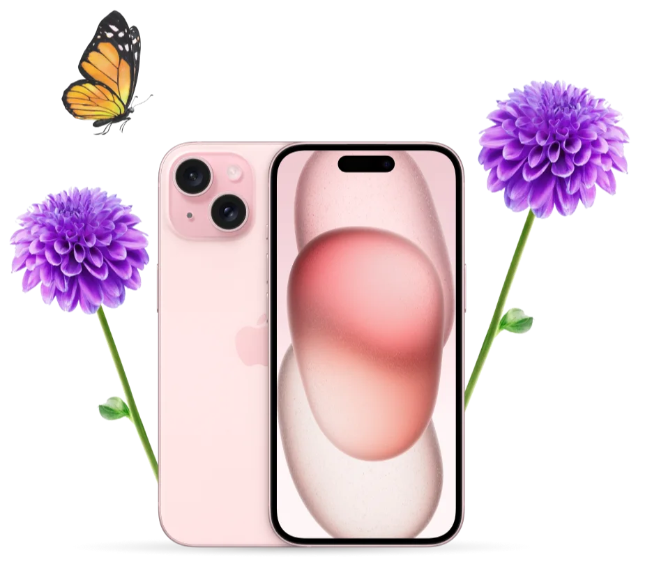 An iPhone 15 in Pink is displayed from the front and back. Vibrant purple dahlias flank its sides, and a butterfly flutters above it
