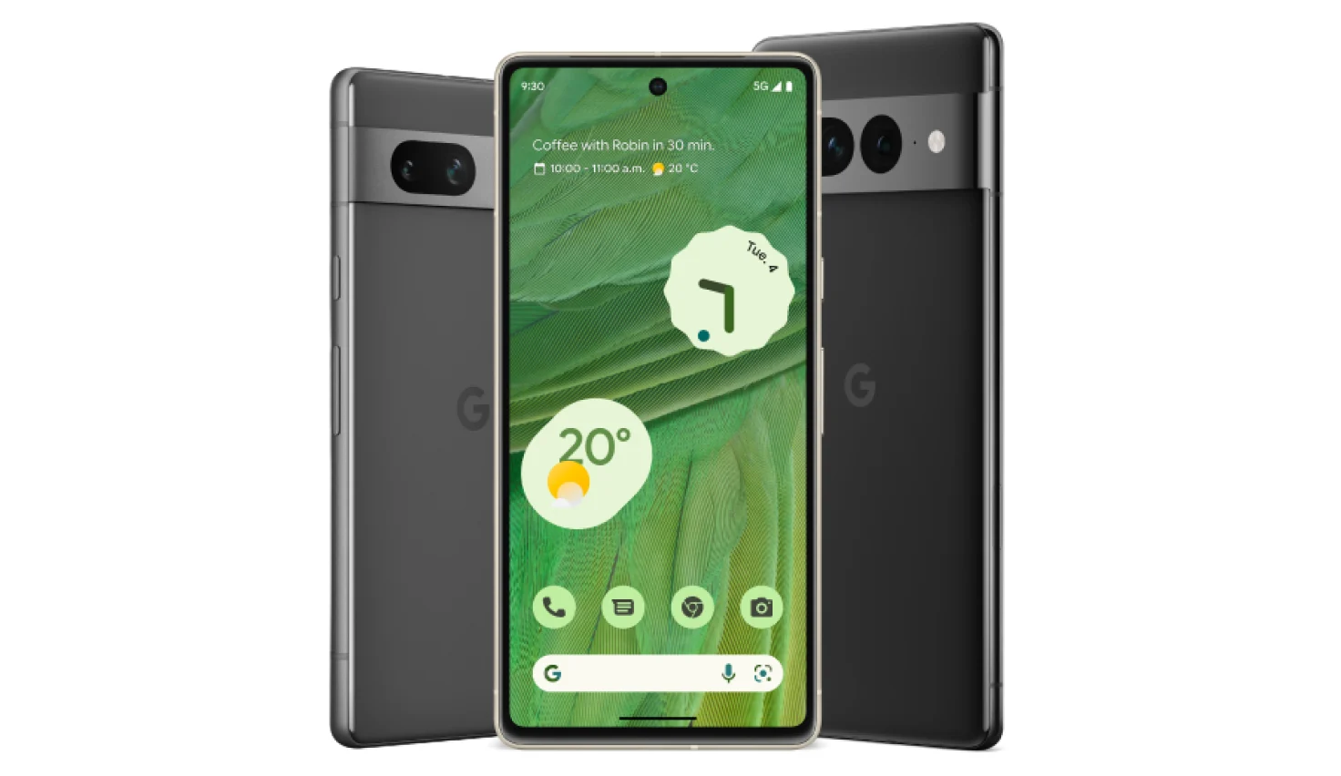 The front of a Google Pixel 7 shows its home screen. On one side is the Google Pixel 7a in Obsidian. On the other side is the Google Pixel 7 Pro in Charcoal.