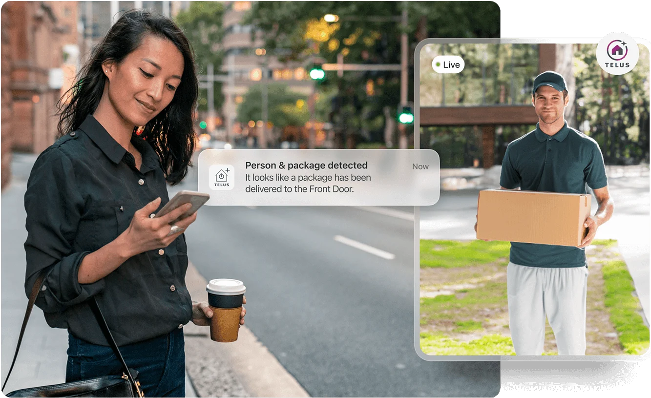 Woman using smartphone with smart home notification showing package delivery