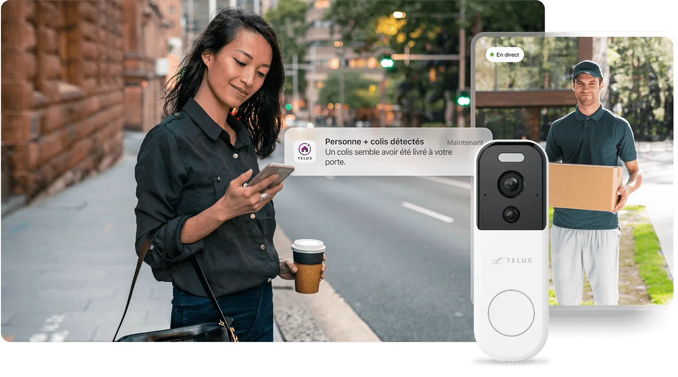 Femme utilisant un téléphone intelligent avec notification Maison connectée de livraison d’un colis