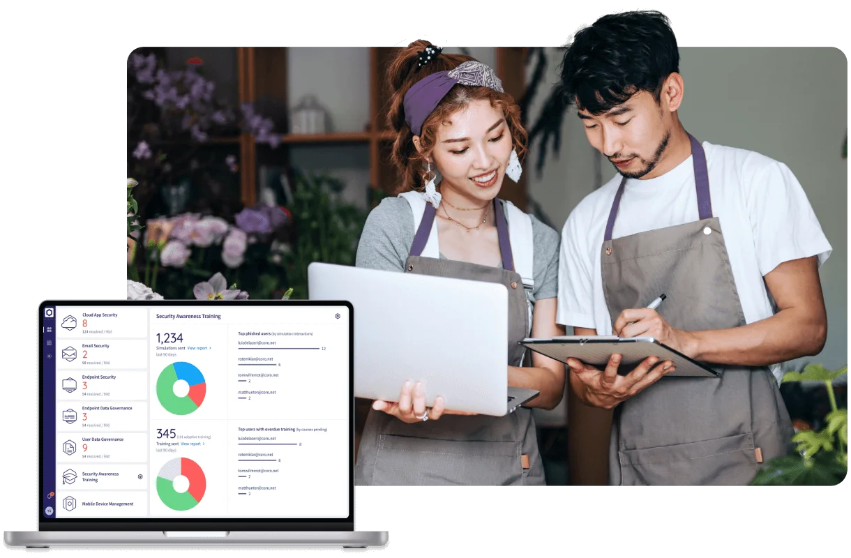 Business owners with laptop and tablet, with superimposed laptop showing cybersecurity dashboard and security training metrics.