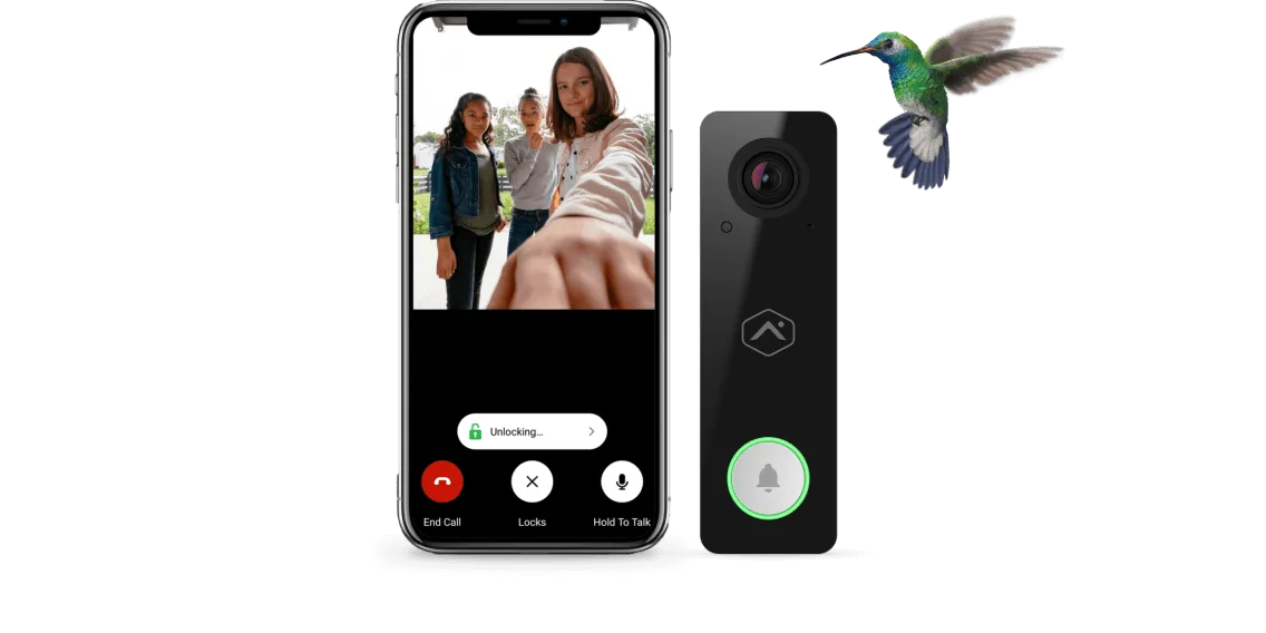 Image of a SmartHome Security doorbell and view of 3 girls on the screen of a smartphone. Also, a picture of a hummingbird.