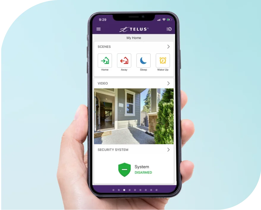 TELUS SmartHome app featuring video showing the Outdoor Wi-Fi Security camera’s view.