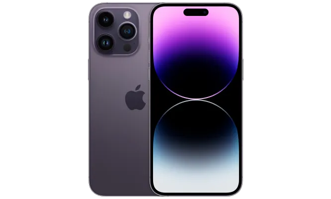 Arrière et avant d’un téléphone iPhone 14 Pro Max de couleur violet sombre.