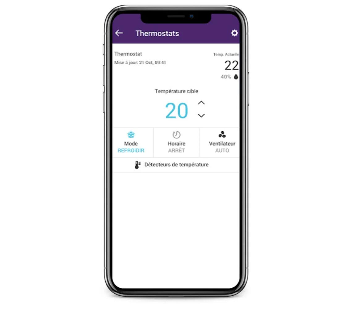 Écran de contrôle de la température de l'application Maison connectée