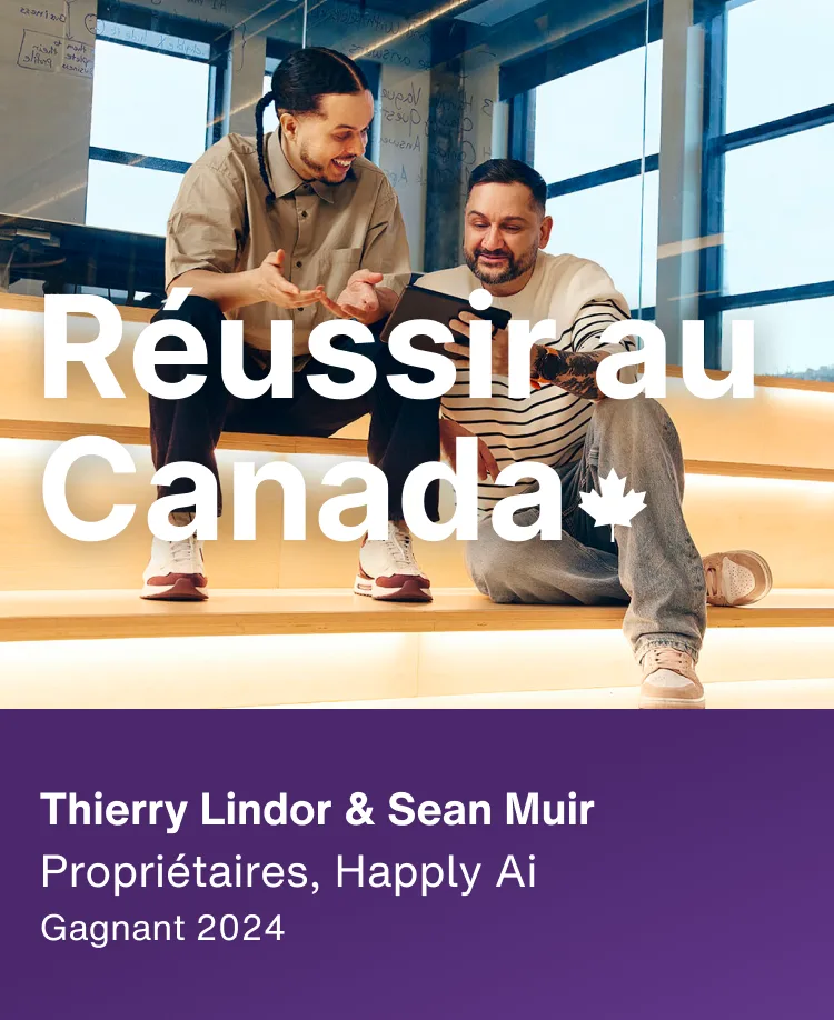 Lauréats 2024, Thierry Lindor et Sean Muir, propriétaires de Happly Ai, assis dans un espace de bureau contemporain avec une tablette. Le texte superposé dit « Made it in Canada » avec une feuille d'érable.