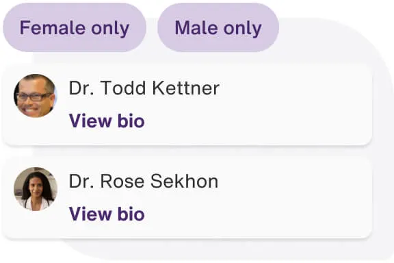 Appointment selection screen, showing range of male and female doctors.
