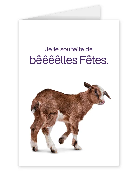Une carte représentant une chèvre portant l'inscription : Je te souhaite de bêêêêlles Fêtes.