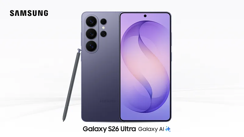 Front and back view of Galaxy S26 Ultra in Cobalt Violet with Galaxy AI branding.