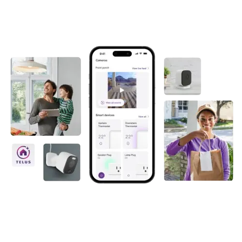 A Smartphone displaying SmartHome+ app surrounded by smart home features including security cameras, lighting controls, and live video feed of a father with his child.