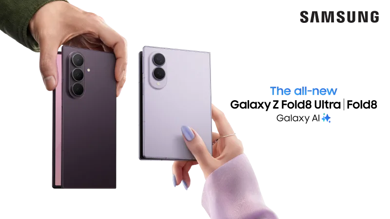 Two hands holding up the two all-new folding devices from Samsung: Galaxy Z Fold8 and Z Fold8 Ultra.