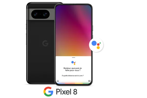 Deux téléphones intelligents Google Pixel 8, placés à la verticale. L’un montre son écran et l’autre, placé à moitié derrière, montre son extérieur noir et ses objectifs de caméra.