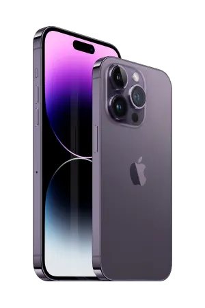 Front and back view of iPhone 14 Pro Max in Deep Purple. 