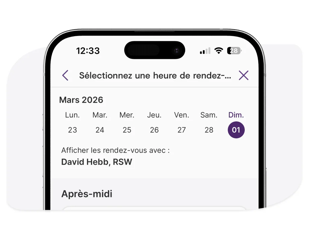 Écran de l'application mobile Mes Soins TELUS Santé montrant la sélection du calendrier des rendez-vous.