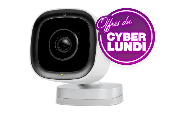 Une caméra de sécurité de couleur blanc et argent est juxtaposée à un logo en néon qui indique « Offres du Vendredi fou ».