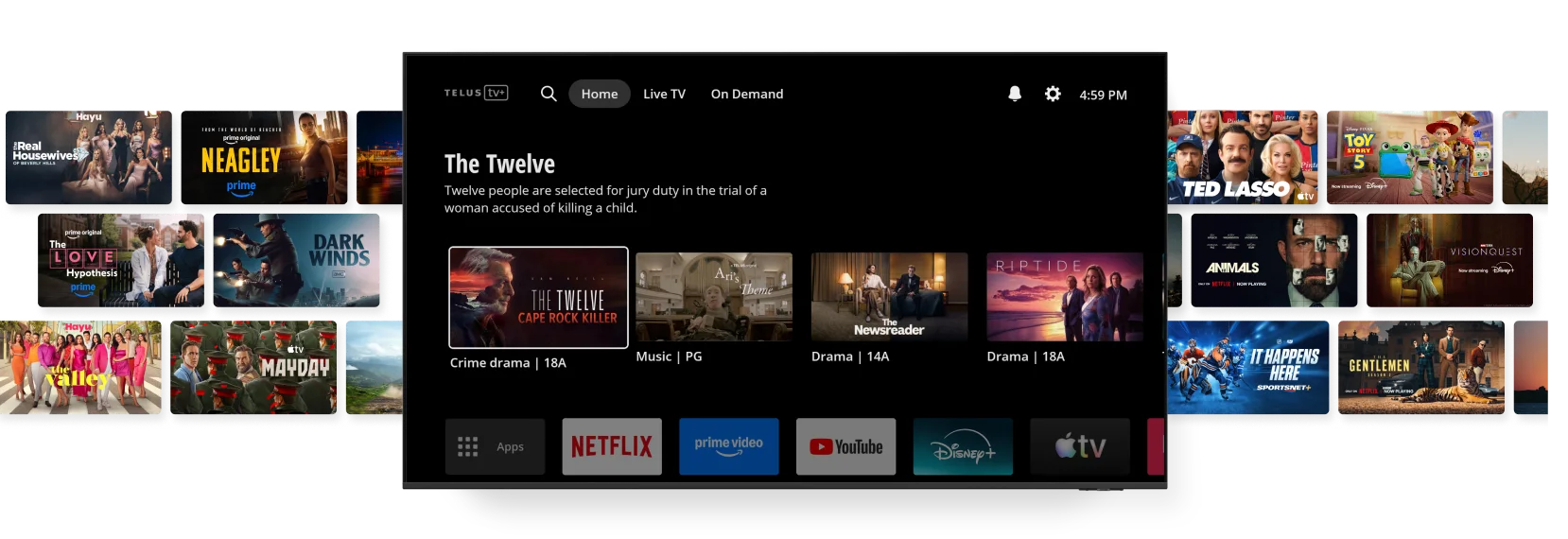 TELUS TV+ home screen interface showing streaming app shortcuts and featured shows, flanked by entertainment tiles.