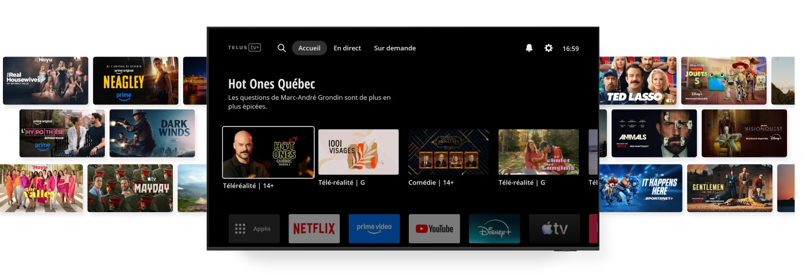 Interface de l'écran d'accueil TELUS TV+ montrant des raccourcis vers des applications de diffusion en continu et des émissions en vedette, entourés de tuiles avec des progammes de divertissement.