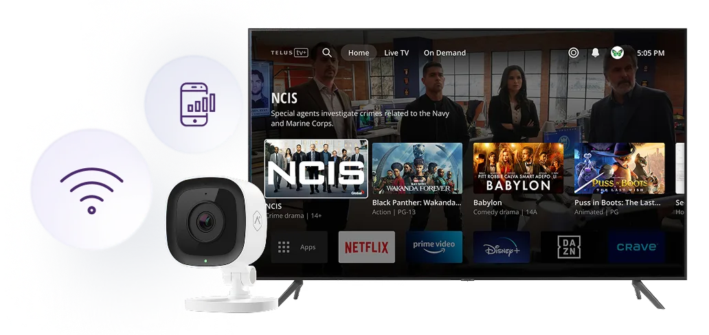 Téléviseur intelligent diffusant du contenu en continu avec les icônes du Wi-Fi et de la caméra de sécurité