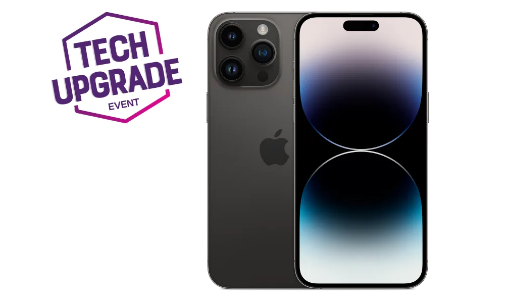 Front and back view of the iPhone 14 Pro in Black with a roundel saying “Tech Upgrade Event”.
