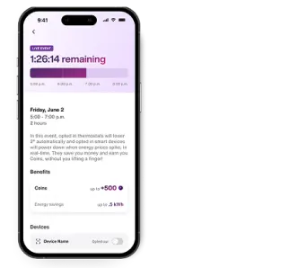 The TELUS SmartHome+ app shows a SmartEnergy energy savings event in progress and the potential rewards and devices opted in.